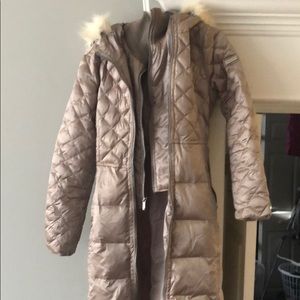 BCBG MAXAZRIA faux fur trimmed belted down coat